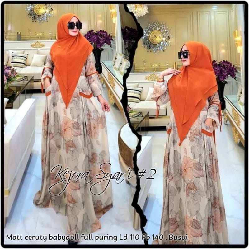 Cod Kejora Syari 2/gamis set hijab/gamis lebaran/gamis murah/gamis plus kerudung/gamis motif bunga/g