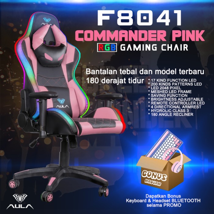Kursi Kursi Gaming/Gaming Chair Rgb Led Aula Commander F-8401 Pink Termurah