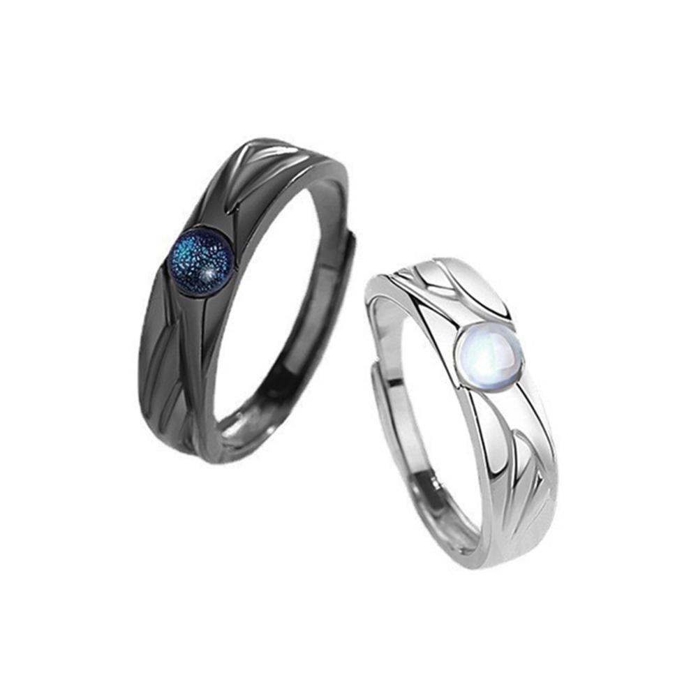 Timekey Fashion Retro Berwarna Glasir Moonstone Pasangan Cincin Malaikat Dan Setan Hitam Putih Pasangan Cincin Yang Dapat Disesuaikan Perhiasan Hadiah F7M6