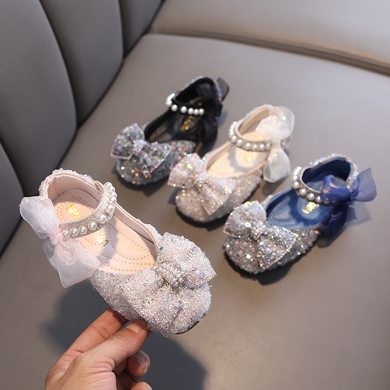 SH11-Sepatu Pesta Anak Perempuan Flat Import Mutiara Blink Aksen Ikat Pita