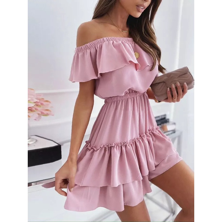 Mini Dress Wanita Angel Sabrina Off Shoulder Kerut Pinggang Rempel Ruffle S M L  XL Jumbo
