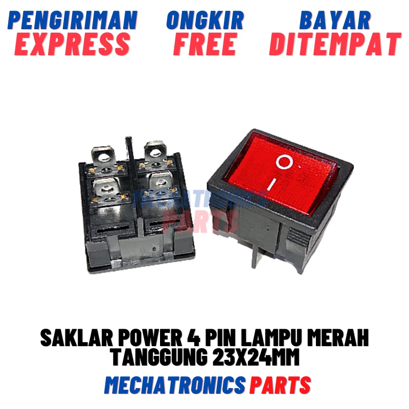 Saklar Power 4 Pin Lampu Merah Tanggung 23x24mm Rocker Switch 4Pin