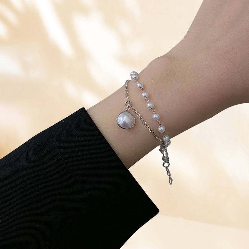 We Flower Double Layer Mutiara Manik-Manik Rantai Gelang Untuk Wanita Perempuan Elegan Perak Rantai Pergelangan Tangan Persahabatan Gelang Perhiasan Hadiah