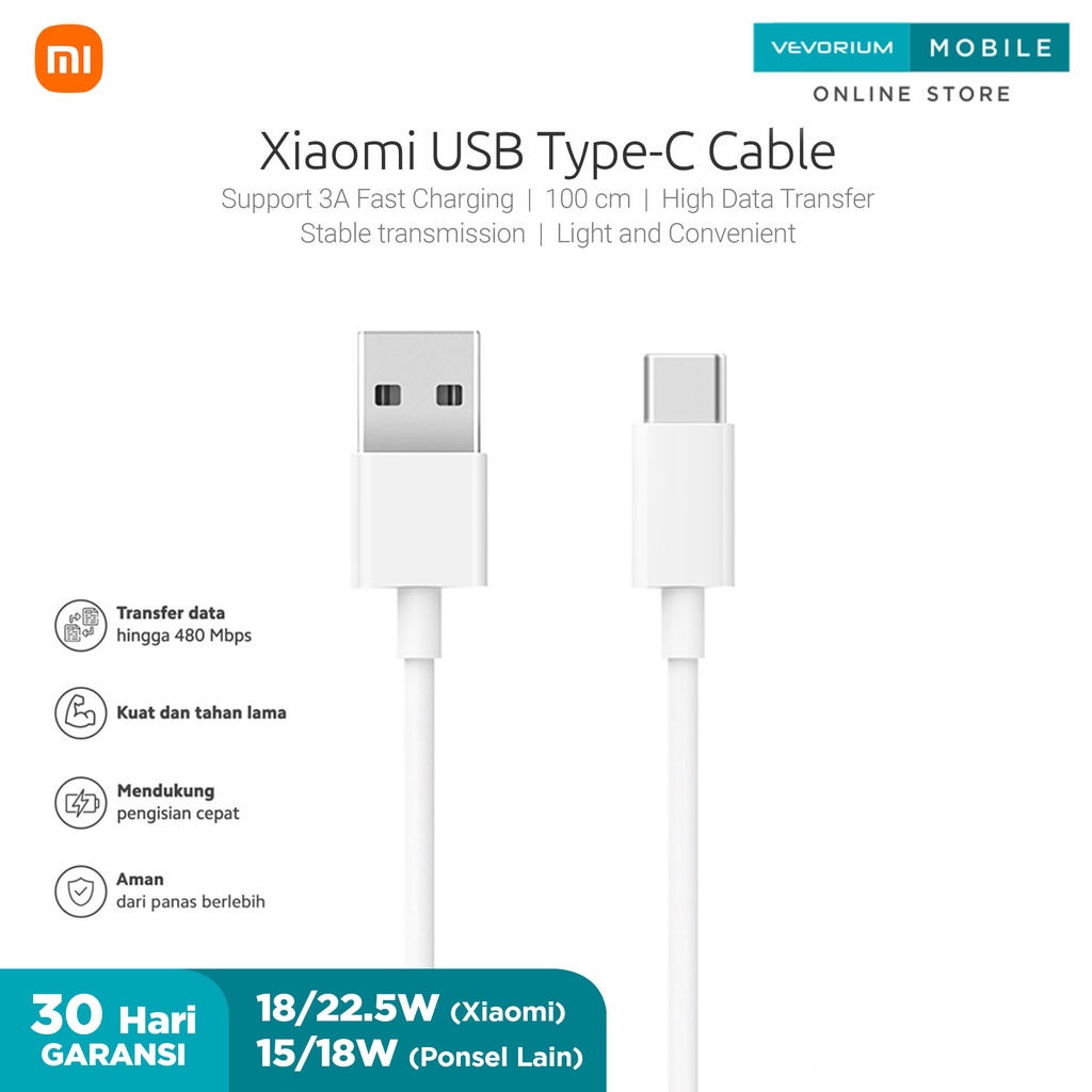 Xiaomi 3A 18W/22.5W USB Type C Data Cable 100cm Fast Charging Kabel Data Charger Type-C Tipe C Original 18 Watt Kabel 1m Cas Ori