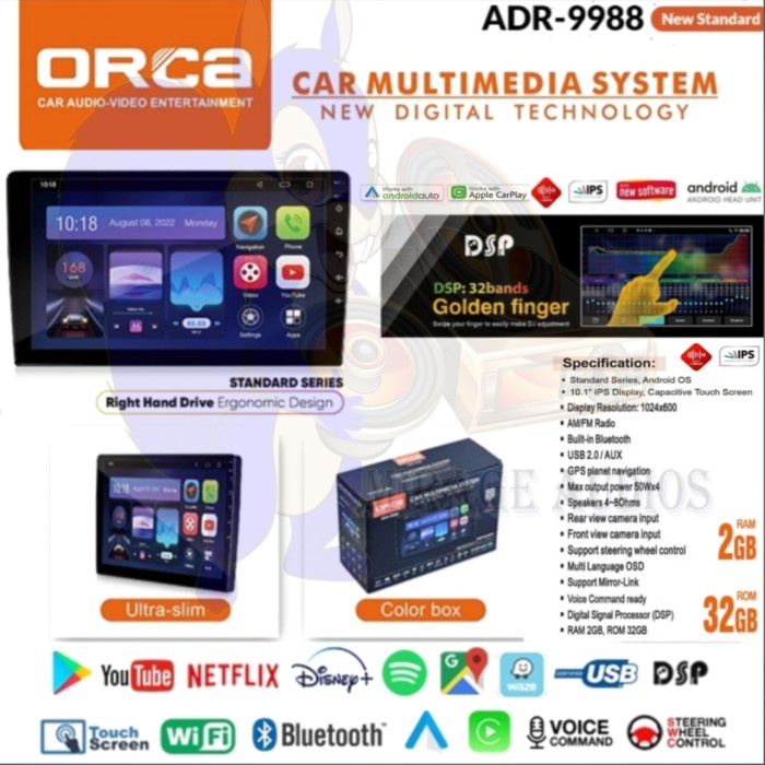 Headunit Head Unit Android Orca Adr-1088 10 Inch Voice Command New