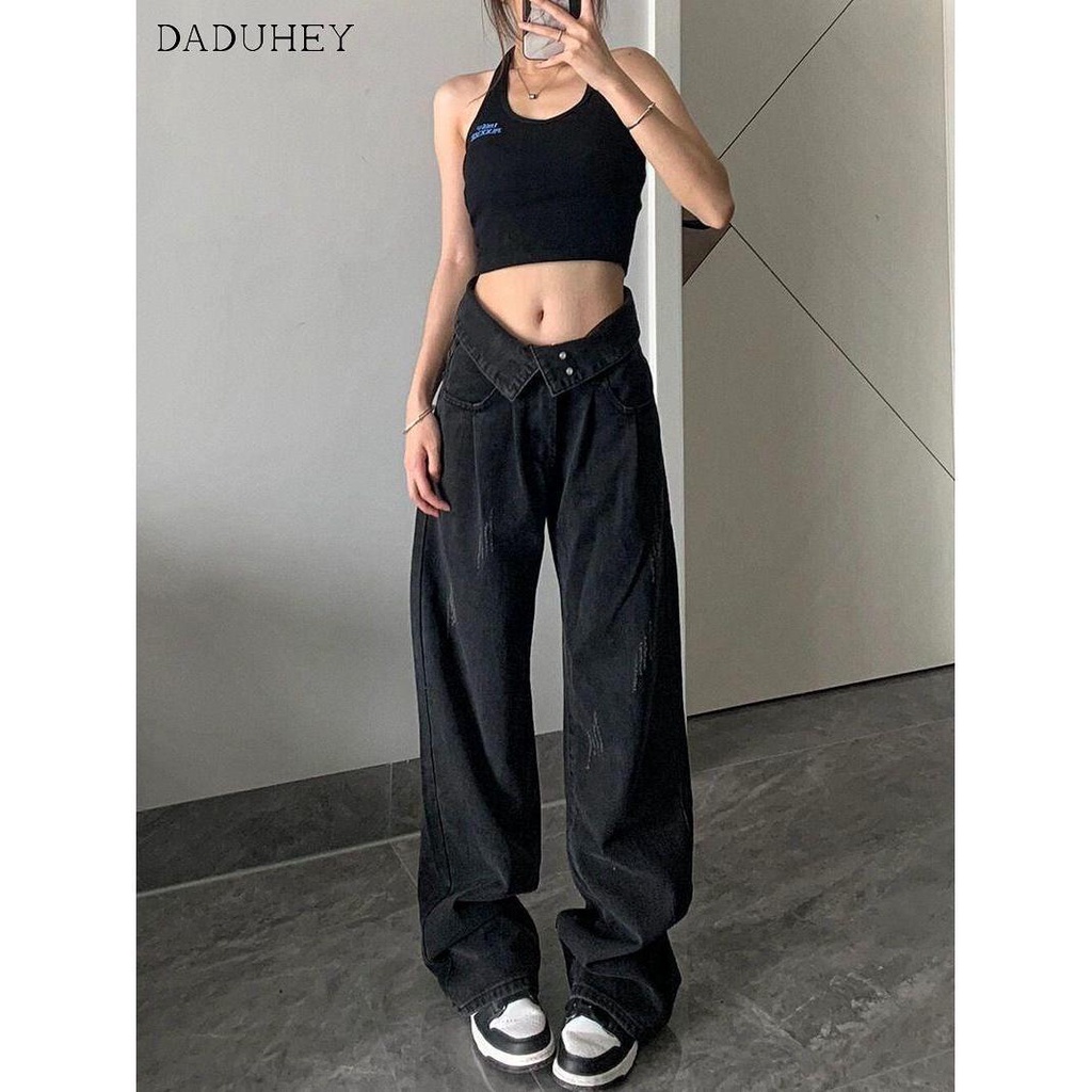 ✁American ins retro wash black jeans women s summer hot girl design sense loose and thin straight wide-leg pants