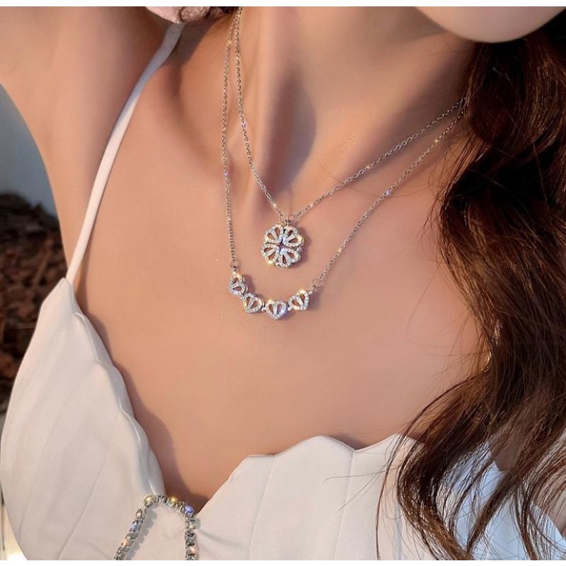 KALUNG LIONTIN 2 IN 1 BISA 2 MODEL KALUNG CLOVER SILVER VIRAL NECKLACE KALUNG FASHION KEKINIAN