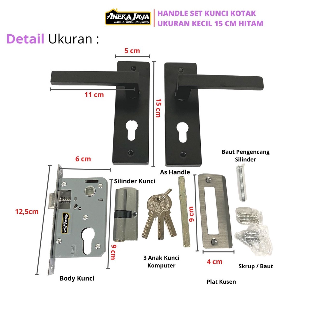 Handle Set Kunci Kecil 15 cm - Hitam Doff Premium - Gagang Pintu Kamar Utama Minimalis