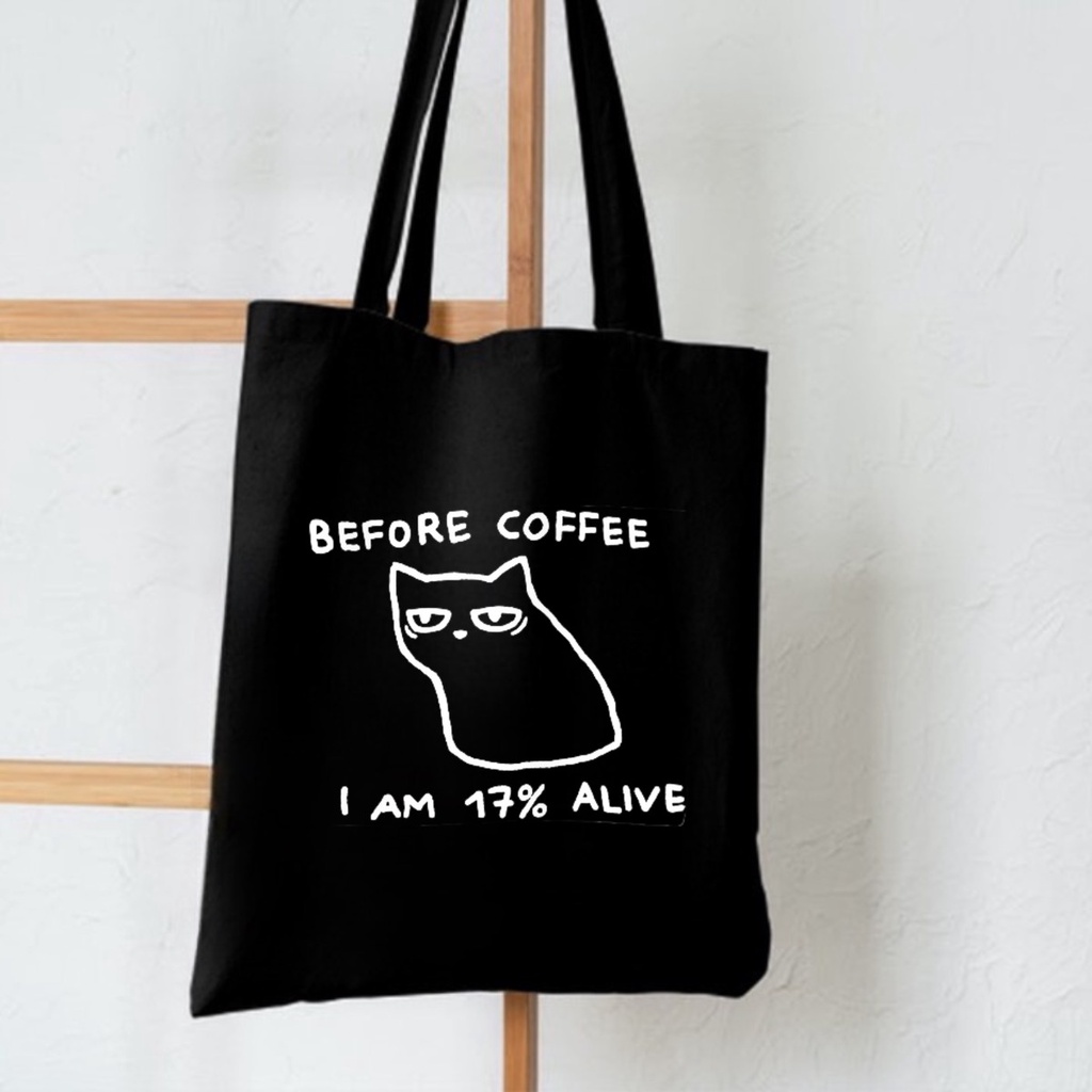 HOT SALE 2.2 [BISA COD] TOTEBAG MOTIF CAT BEFORE COFFEE TOTE RESLETING TERBARU 2023 / TOTEBAG KPOP / TOTE BAG KPOP / KOREA / GOT7 / SEVENTEEN/ IKON/ ANIMAL / ICE CREAM TOTE UKURAN BESAR RESLETING KANVAS WARNA HITAM MARUN NAVY KREM