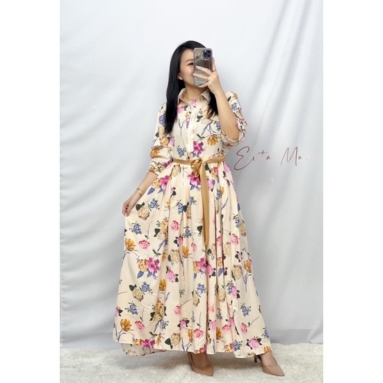 Evita Maxi Dress Long Dress Bunga Import Lengan Panjang Gamis Bangkok Premium