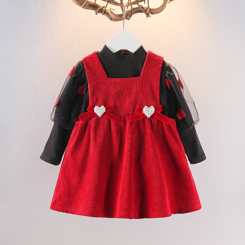 SK70 NEW Dress lengan panjang anak perempuan motif hati dan pita kualitas premium