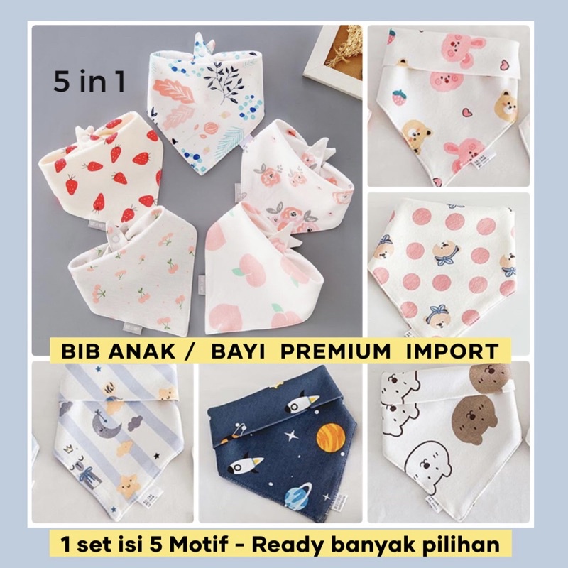 5pcs PREMIUM BIB SEGITIGA bahan cotton bamboo lembut BIBS SLABBER SEGITIGA BAYI IMPORT SET CELEMEK MAKAN ANAK TATAKAN LIUR ANAK TRIANGLE BIBS Royale Leleoncare