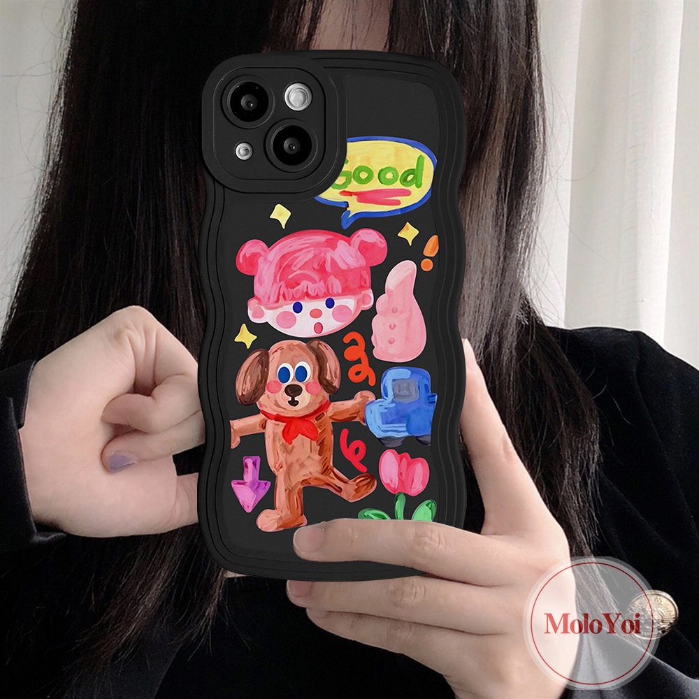 IPHONE Pasangan Kartun Graffiti Case Kompatibel Untuk Iphone11 14 6 6s 8 7 Plus 13 12 Pro Max 14 Plus XR X XS Max SE 2020 Anjing Lucu Populer Gadis Lucu Stiker Tepi Bergelombang Lembut Casing Ponsel TPU