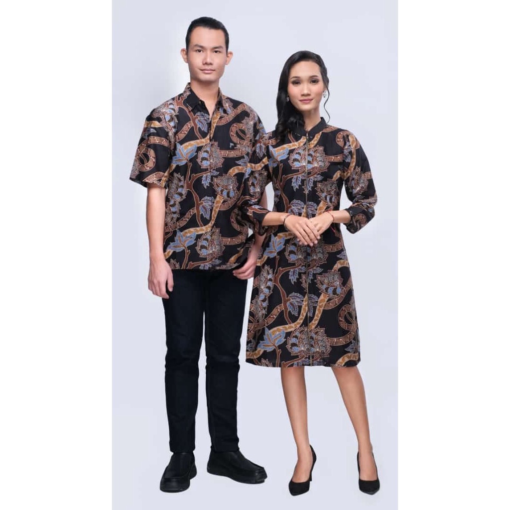 Couple Set Sarimbit Kemeja Hem Tunik Dress Batik Amalia Hitam