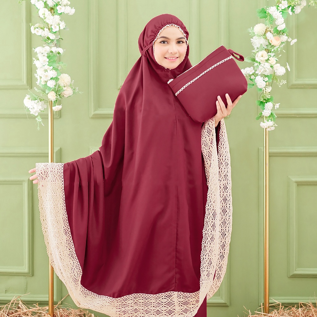 Mukena FATIMA dewasa jumbo FREE tas Cantik bahan katun Micro renda rajut 13 cm mukenah grosir