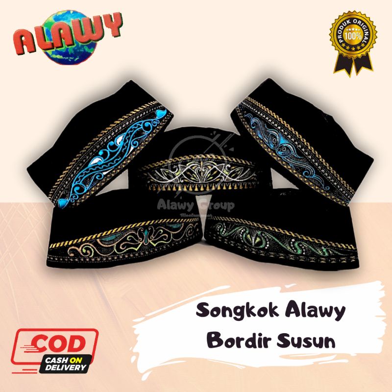 Songkok Peci Susun Bordir Hitam Motif Warna Alawy