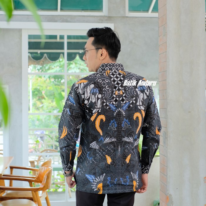 Baju Batik Pria Lengan Panjang Modern Elegant Heem Premium Warna Hitam Bahan Katun Primisima Solo Motif Bunga