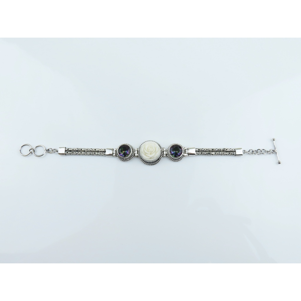 Gelang Perak 925 dengan Permata Mystic Topaz dan Ukiran Bunga