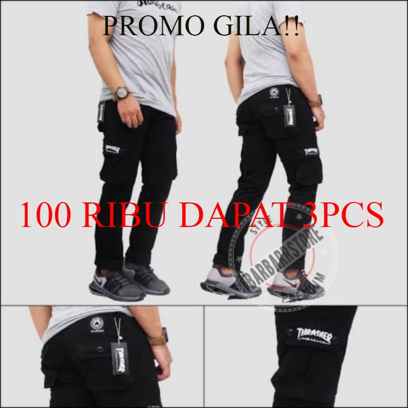 PAKET HEMAT 100 RIBUAN DAPAT 3PCS Celana Cargo Panjang Cowok Size Inter 28-33 Combed Diamond TWILL, Celana Panjang  Cargo TRASHER Pria PINGGANG KARET