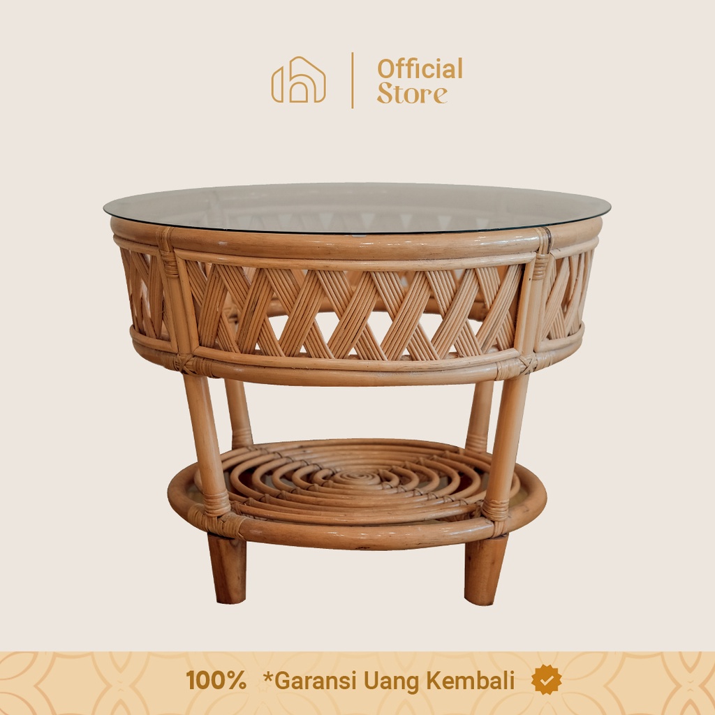 Meja Bulat Rattaan Minimalis//Meja Kaca Bulat