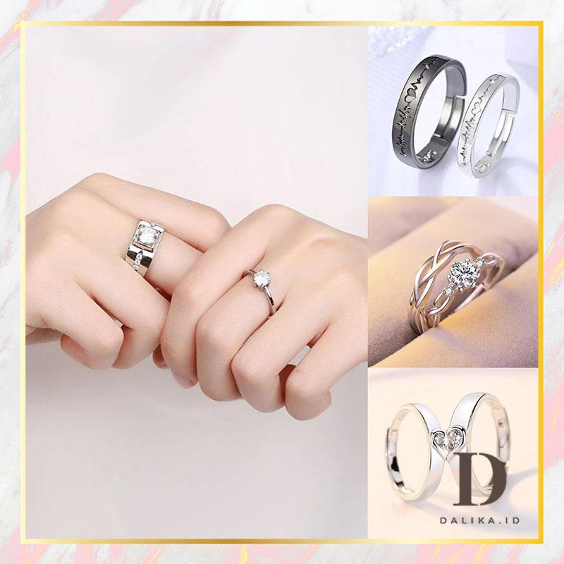 Cincin Couple Pasangan 2 Pcs / Set Model Terbuka All Size Adjustable Mahkota Berlian Hati untuk Wanita