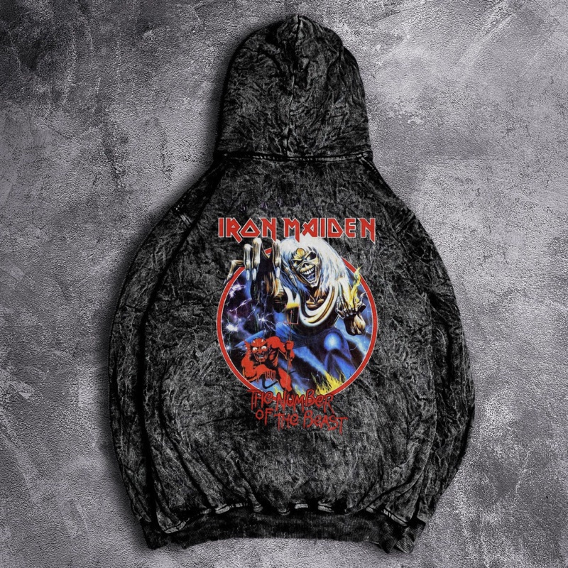 Hoodie Pria Sandwash Metal Terbaru Iron Maiden Washed Grey Keren Kekinian