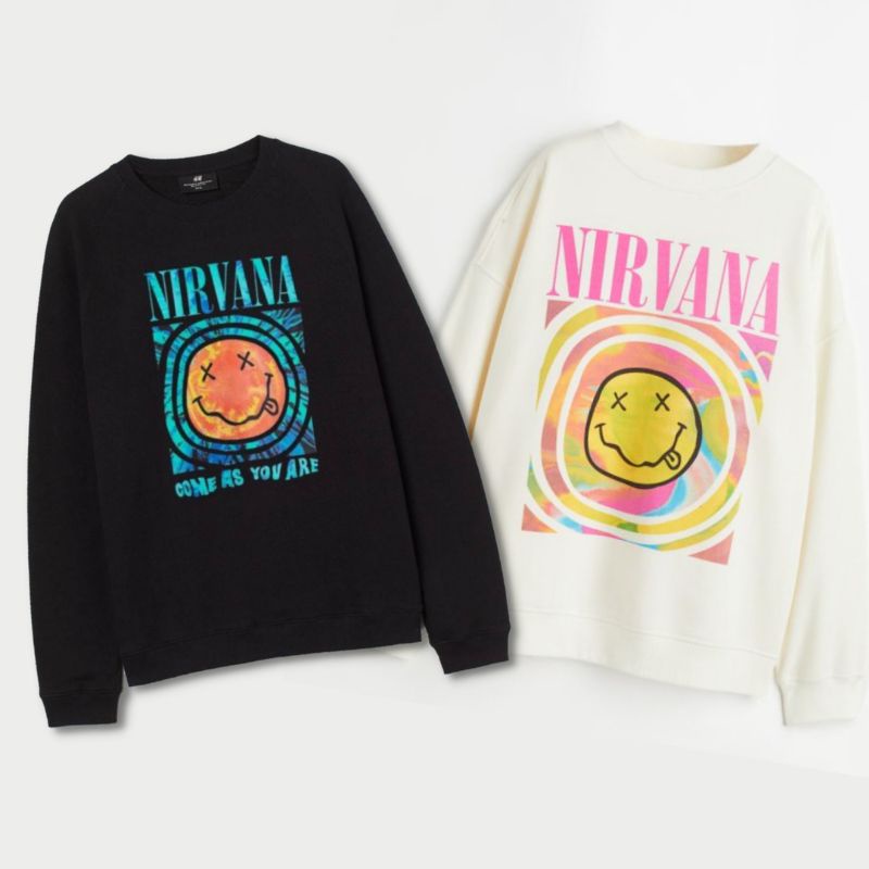 [BISA COD] SWEATER WANITA H*M NIRVANA CREAM BLACK PRINTED
