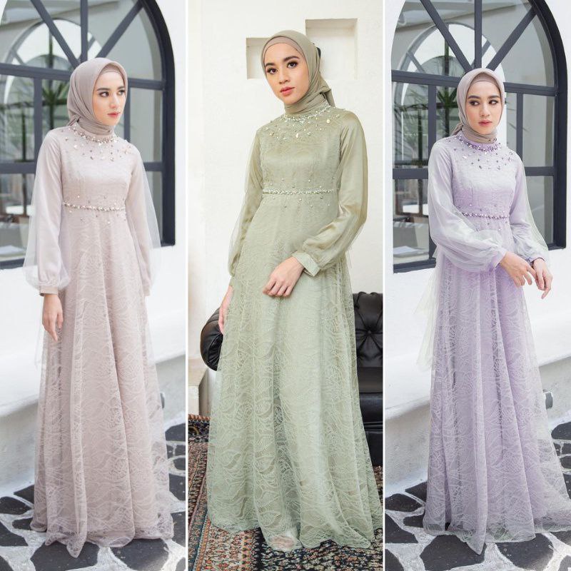 NADINE  DRESS IMPORT | Gamis Muslim Murah Perempuan BROKAT TILE Cantik RENDA IMPORT TERBARU