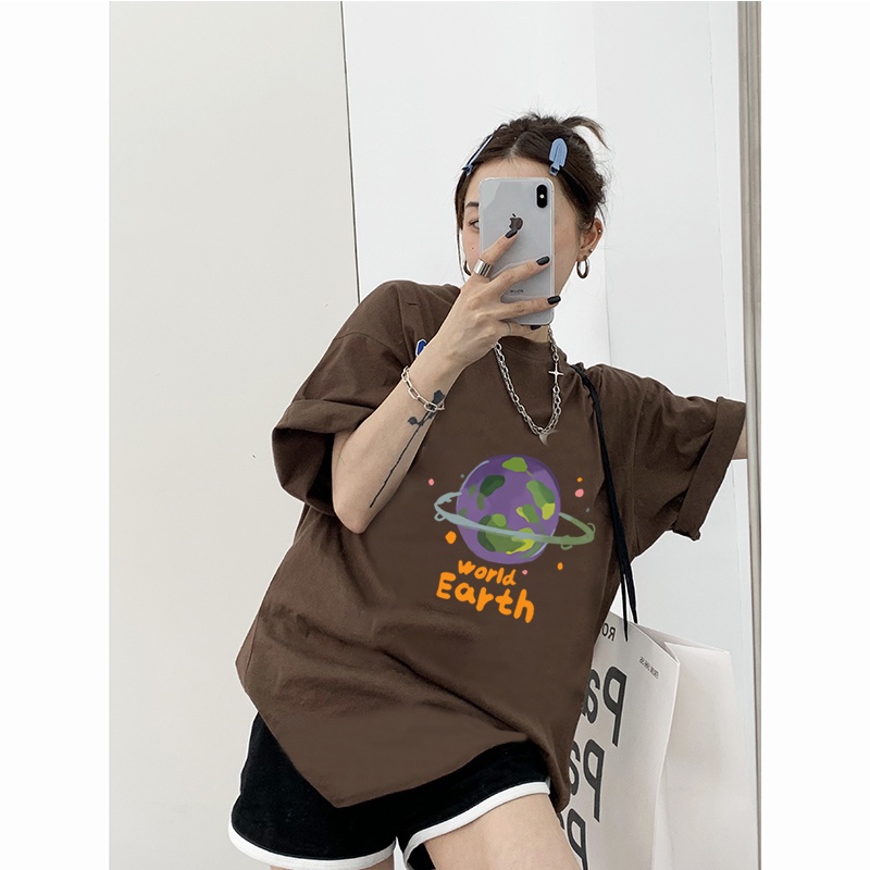 100% Katun Graphic Tee Baju Wanita Earth Print Atasan Wanita Oversize Kaos Putih T-shirt Couple Korean Style/kaos murah