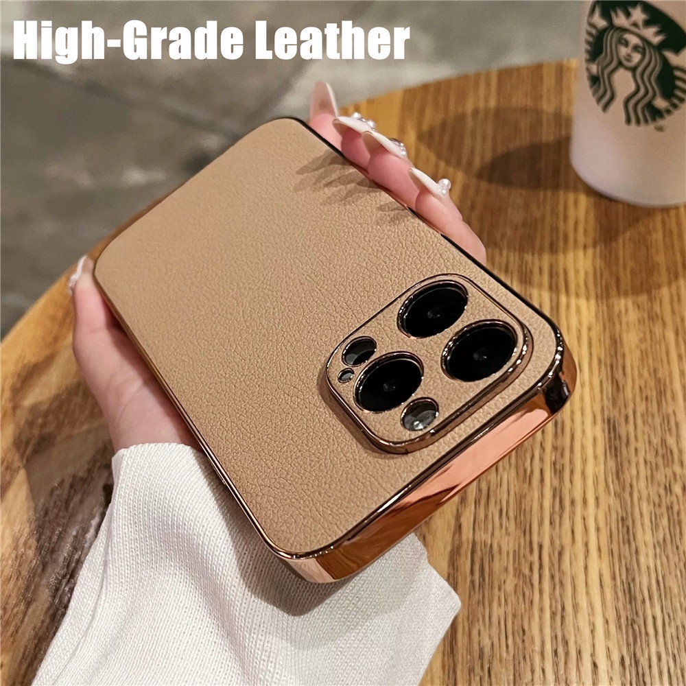 Casing Ponsel Kulit Frame Plating Mewah Untuk Iphone14 13 12 11 Pro Max14 Plus Electroplate Shockproof Cover Casing iPhone