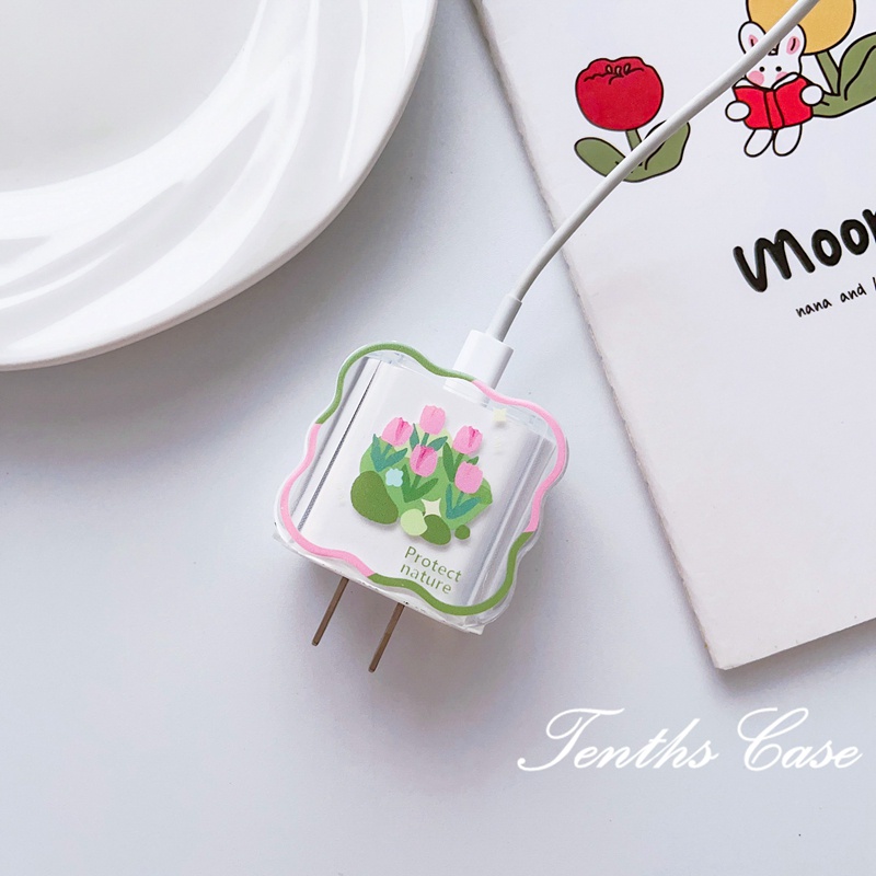 18w-20w Lengan Pelindung Kabel Data Kartun Ekspresi Lucu Tiga Beruang Kecil pink Pola tulip charger case Pelindung Jalur Pengisian Kawat Berliku anti Putus