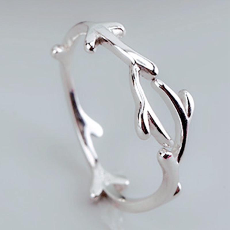 Cincin Cabang Sederhana Daun Tipis Warna Silver Dapat Disesuaikan Untuk Wanita Ladies Gadis Trendi Fashion Jari Perhiasan Hadiah