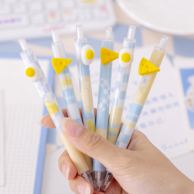 0.7mm Siswa Menulis Alat Tulis Kreatif Pena Netral Hitam Fountain Pen Ditarik Gel Pena Lucu Kartun Telur Keju Press Pen Perlengkapan Kantor Sekolah