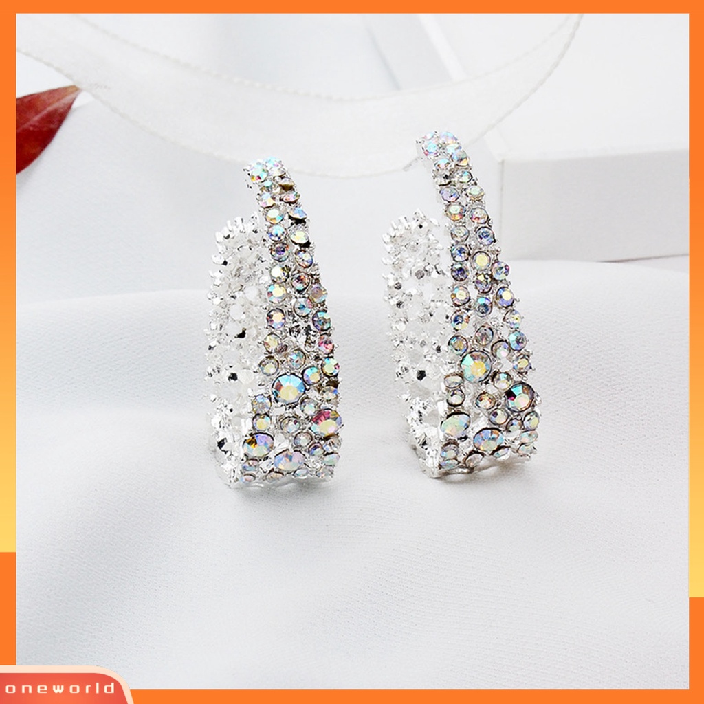 {oneworld} Women Ear Studs Shiny Colorful Rhinestones U-shaped Stud Earrings Perhiasan Tindik Untuk Pesta