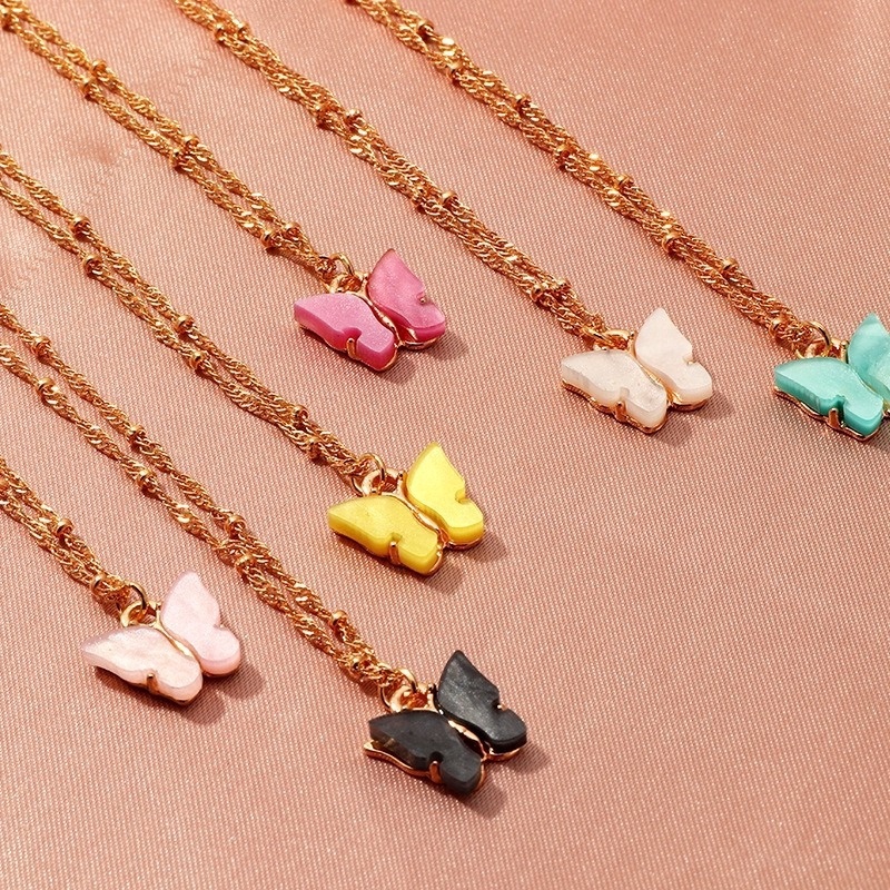 Modis Kupu-Kupu Kalung Warna Akrilik Manis Perhiasan Bohemian Emas Klavikula Kalung Aksesoris Permen Perhiasan