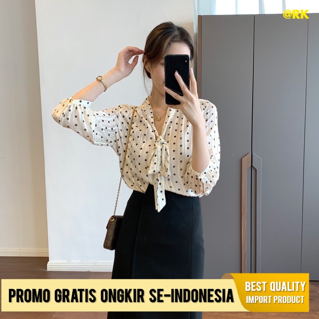 Kemeja Wanita Retro HK ! Sutra Cerah Polka Dot Temperamen Pita Ikatan Simpul Kemeja Wanita Chiffon T