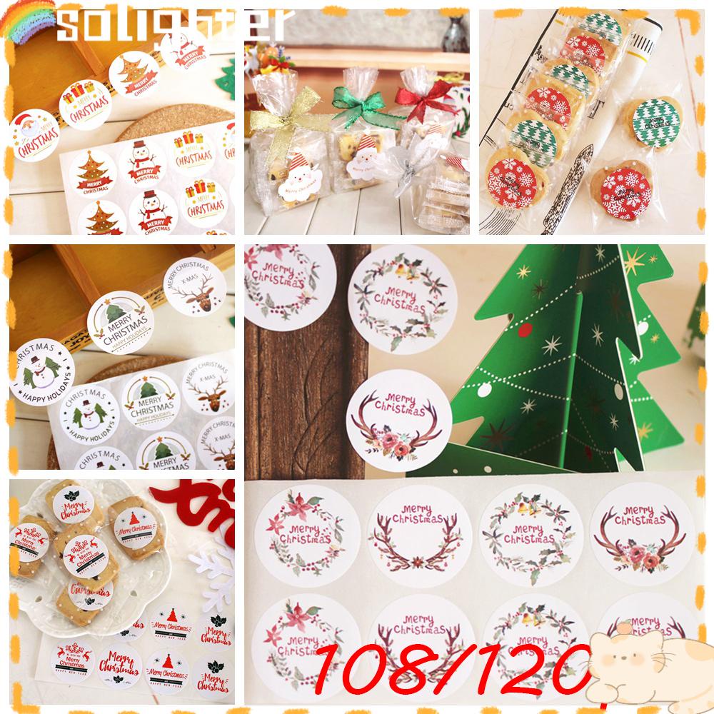 Solighter108/120pcs Kertas Hadiah Stiker DIY Kue Hiasan Kotak Hadiah Penyegelan Craft Merry Christmas