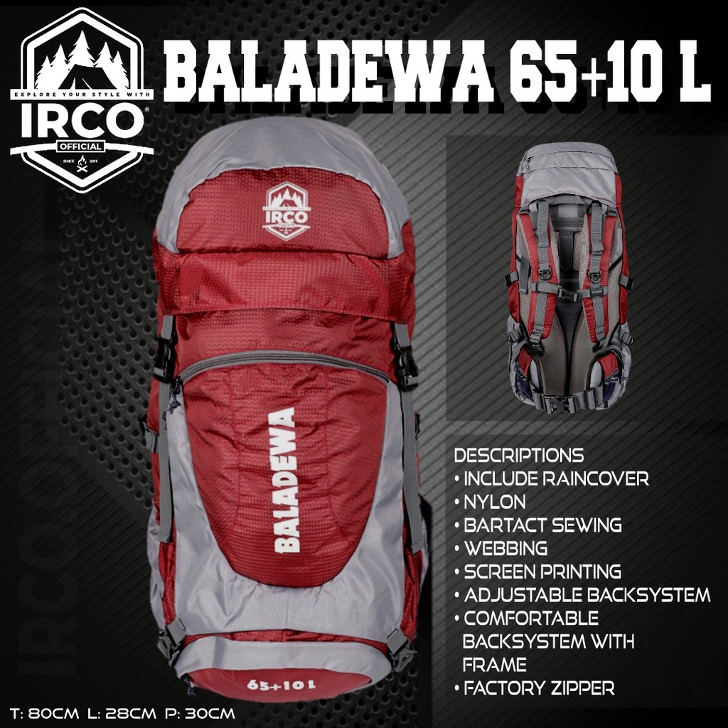 Tas Ransel Gunung Carrier Outdoor Hiking 65 Liter Irco Baladewa Merah Marun Dengan Rain Cover