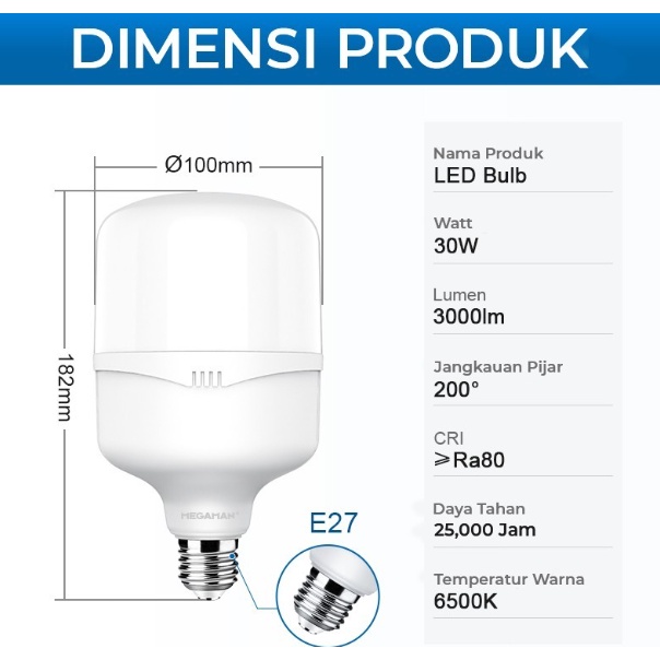 LAMPU LED / BOHLAM MEGAMAN T-BULB YTT100Z1 30W / 30 WATT GARANSI RESMI - 6500K PUTIH
