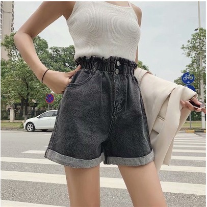 HOPYLOVY - Hot Pants Jeans Wanita Hotpants High Waist Celana Pendek Meliska Pinggang Karet Double Button