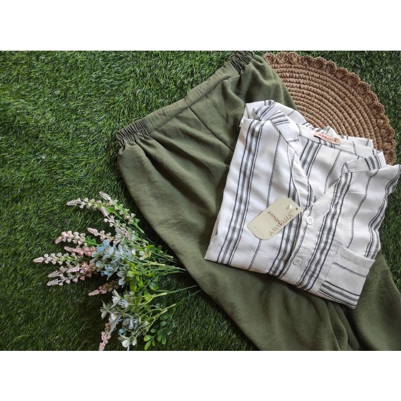 setelan wanita terbaru 2023/oneset botega cringkle/outfit terbaru/korean style/fashion modern/one set kekinian/baju jalan jalan/set crincle airflow/ootd fashion/setcelana panjang-Sage
