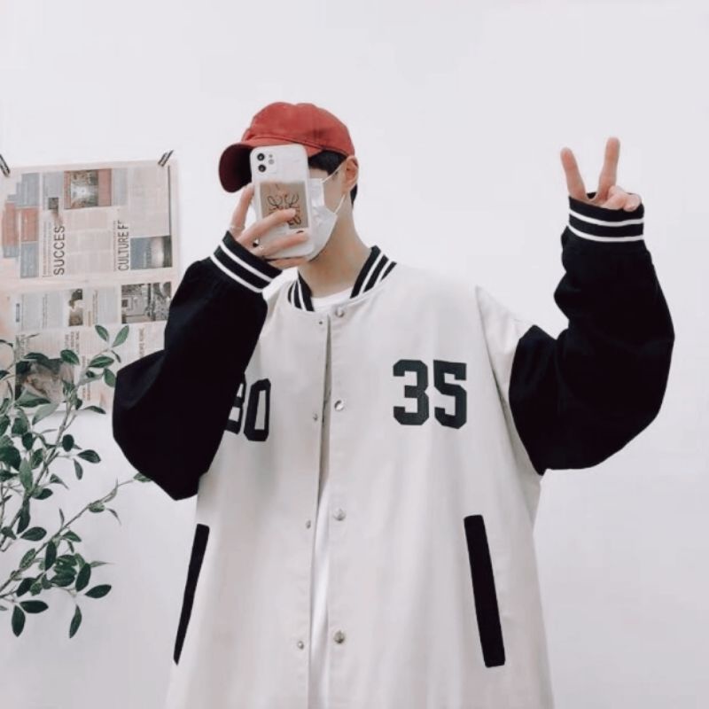 Jaket Varsity Big Size ( S - 6XL ) 30 35 Simple Logo Jacket Baseball Bomber Korean Style OVERSIZED (S M L XL XXL XXXL 4XL 5XL XXXXXL) FLEECE Hip Hop Kancing Unisex Boy Girl Pria Wanita Jumbo Hitam Putih Mix Kombinasi 2 Warna Two Tone color StreetWear