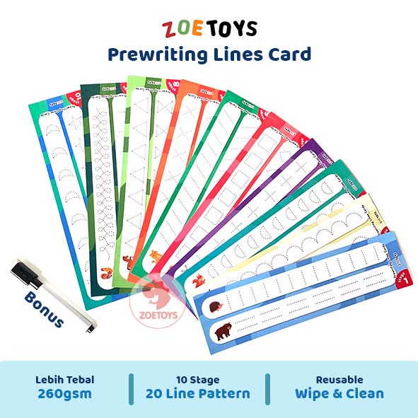 Zoetoys Prewriting Lines Card | Belajar Persiapan Anak Siap Menulis Reusable Laminasi | Latihan Writing Line Pattern Pola Garis Flash Card Wipe and Clean Kartu Aktivitas Belajar Menulis Tracing untuk PAUD | Mainan Edukasi Anak