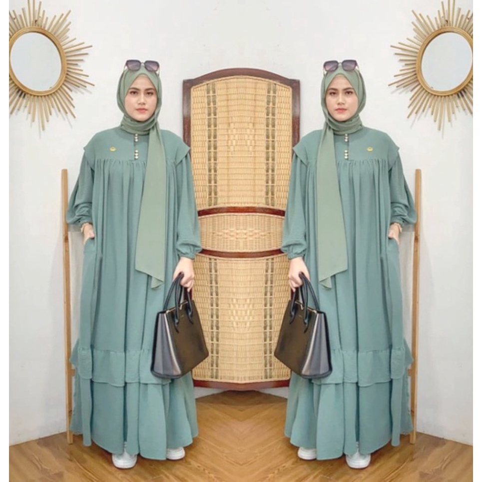 040 Dress Premium Lebaran Raya Hijau Mint Jumbo Mewah Kancing Kekinian Terbaru LD 110 2023