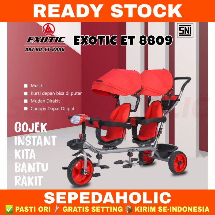 Dijual Sepeda Roda Tiga 3 EXOTIC ET 8809 TWINS Kembar Boncengan Tricycle Anak - Merah Limited