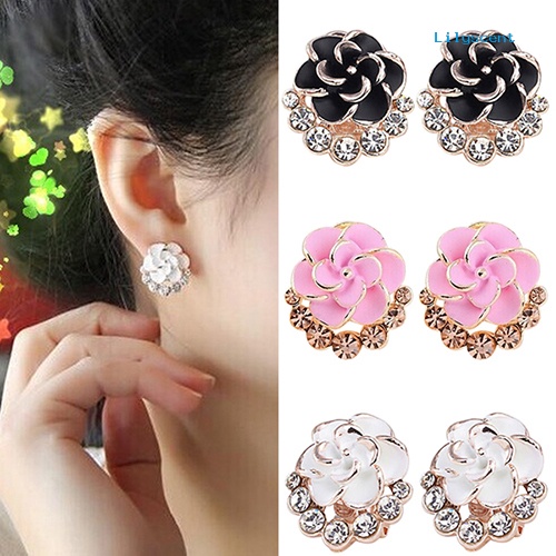 [LS] Wanita Peony Camellia Bunga Berlian Imitasi Alloy Ear Stud Earrings Perhiasan Pesta