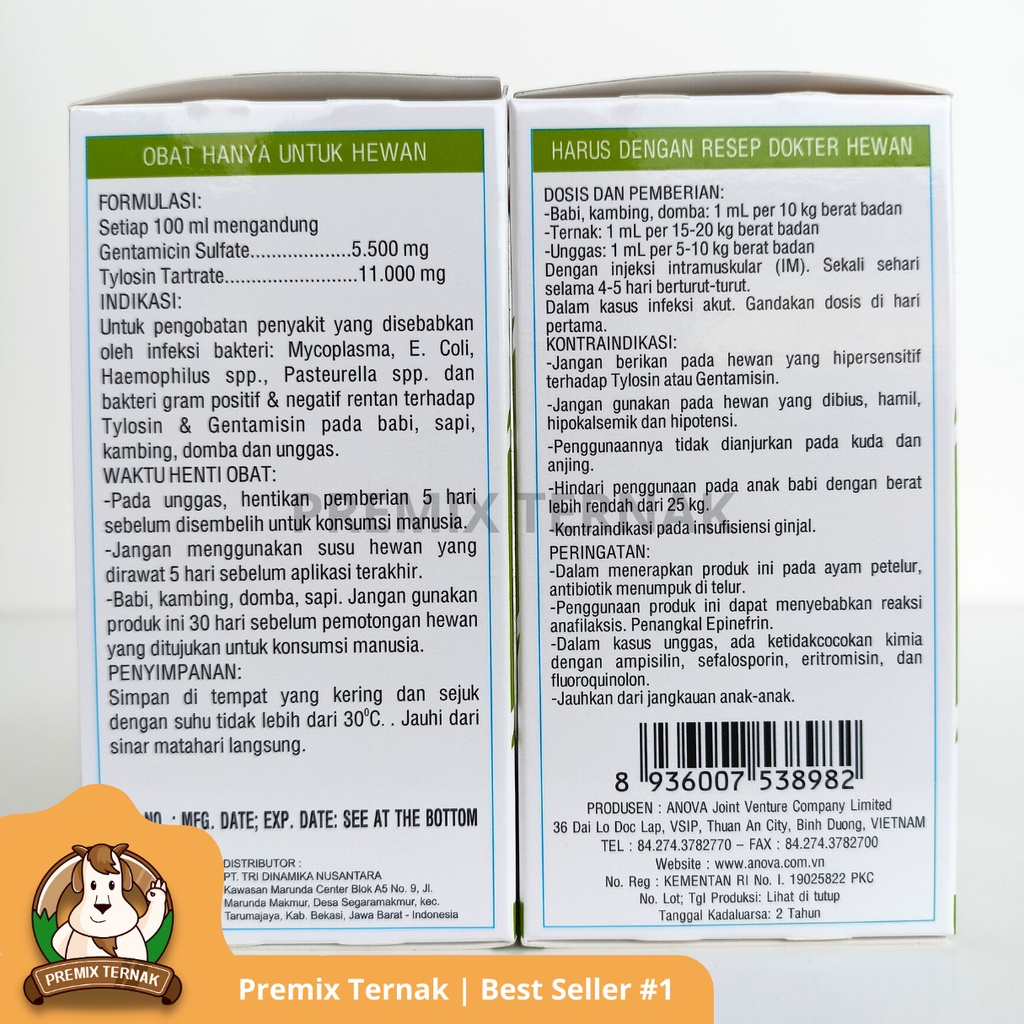 NOVA GENTYLO 100ml - Antibiotik Infeksi Bakteri Spektrum Luas Untuk Sapi Kambing Babi Unggas - Anova - Premix Ternak