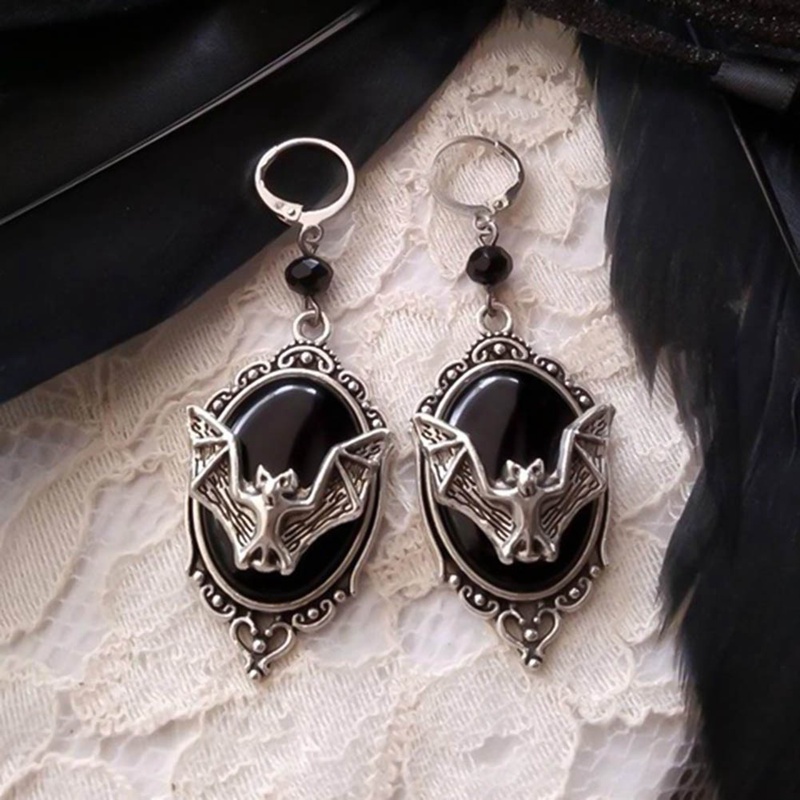 Gothic Menjuntai Anting Cameo Kelelawar Perak Antik, Anting Kelelawar Vampir, Anting Halloween