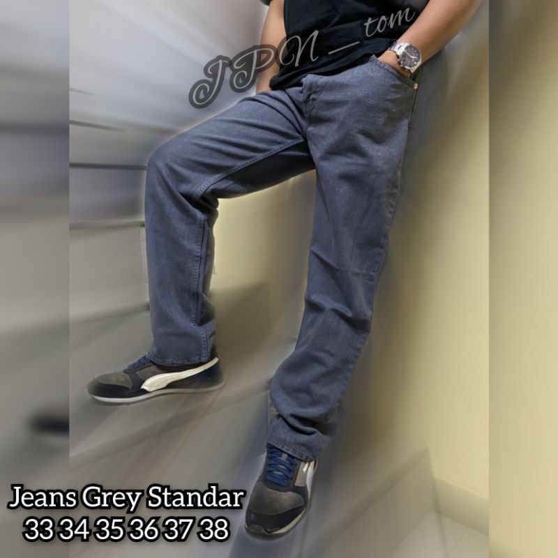 Celana Jeans Standar Pria Denim Jins Reguler Warna Black Sandwash Ukuran 33 34 35 36 37 38 Bahan Tebal Model Pinggang Lurus Motif Hitam Washing Printing Long Pants Big Size Jumbo