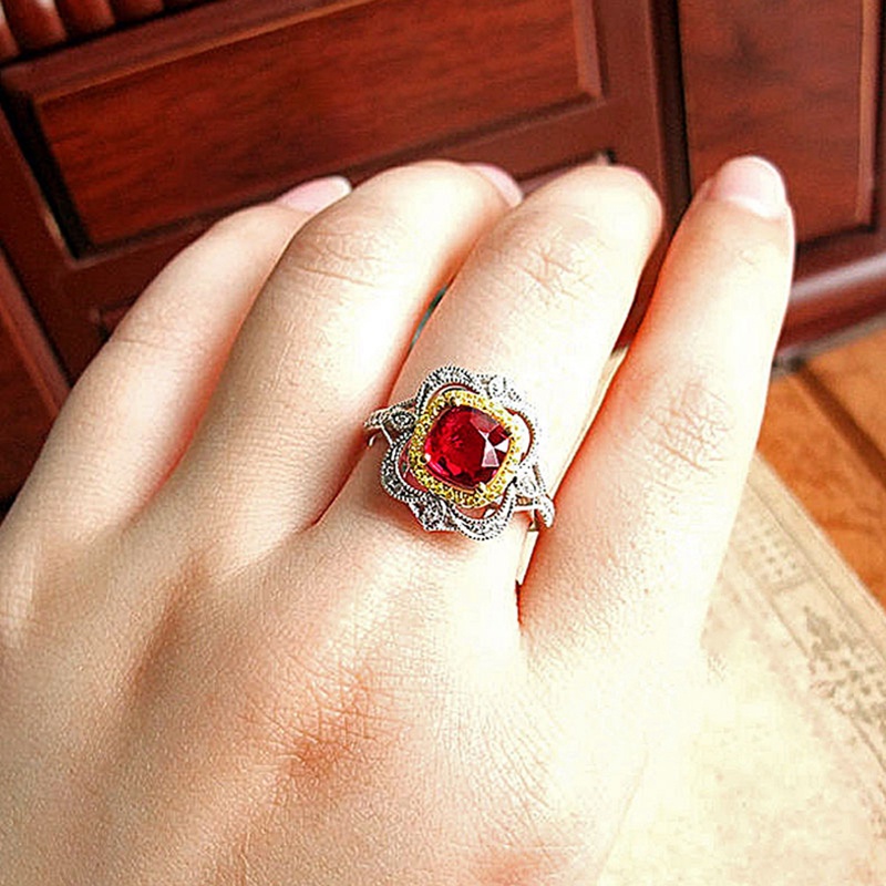 Itali Retro Perhiasan Mewah Simulasi Mozambik Merpati Darah Merah Ruby Cincin Desain Pasangan Cincin Warna Perak Tembaga Untuk Wanita